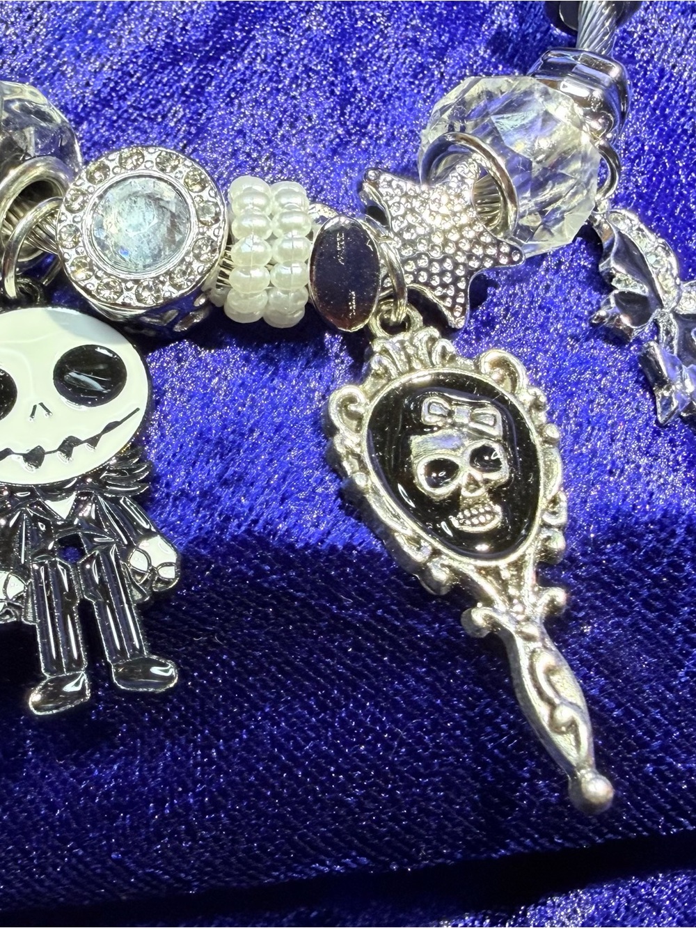 New Goth Silver Skull Charm Bracelet with Black Accents and Jack Easy on bangle